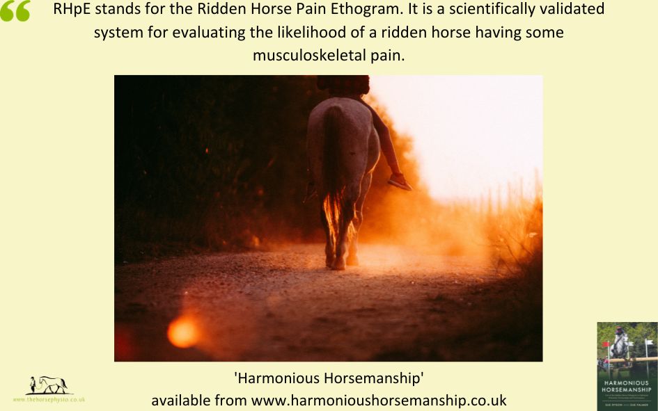 RHpE stands for the Ridden Horse Pain Ethogram. It is a scientifically validated system for evaluating the likelihood of a ridden horse having some musculoskeletal pain. 
