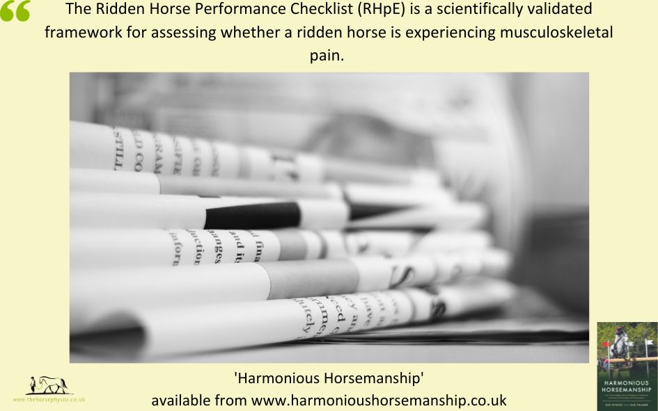 "The Ridden Horse Performance Checklist (RHpE) is a scientifically validated framework for assessing whether a ridden horse is experiencing musculoskeletal pain."